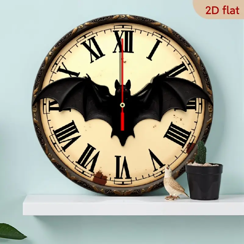 Gothic Vampire Bat Wall Clock - 10-inch Silent Quartz Battery- Battery Operated (AA Not Included) Suitable for Halloween Decor, Nursery,, Wood Frame with Bat - Gift for Room, Nursery & Gothic Clock, Christmas Decor