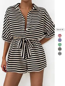 Women's Striped Print Button Waist Tie Romper, Casual Short Sleeve Collared Playsuit for Summer, Fashion Women's Clothes for Daily Wear, Overalls
