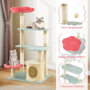 COSTWAY - 49 Inch Tall Multi-Level Aesthetic Floral Kitten Tower with Flower-Shaped Plush Padded Perch-Multicolor