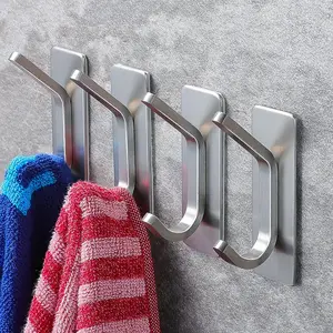 4 Pack Adhesive Towel Hooks for Bathroom or Kitchen, Bathroom Organizing Accessories, No Drilling Wall Hooks for Robes, Coats, Clothes, Easy Install, Adhesive Installation