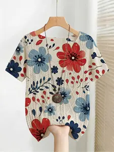 Elegant Floral Leaf Print V-Neck Short Sleeve Sweater for Women, Casual Womenswear Knitwear Top for Spring Summer Fall, Comfortable and Warm