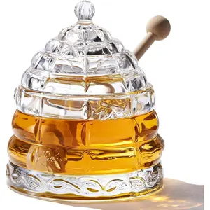 9 oz Beehive Crystal Honey Pot with 2 Dipper Sticks - Elegant Honey Jar with Lid, No Drip Honey Dispenser & Syrup Container for Home