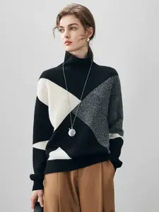 COMOBOCA 100% Cashmere Women's Geometric Turtleneck Sweater for Cozy Winter Wear - Figure Flattering Design