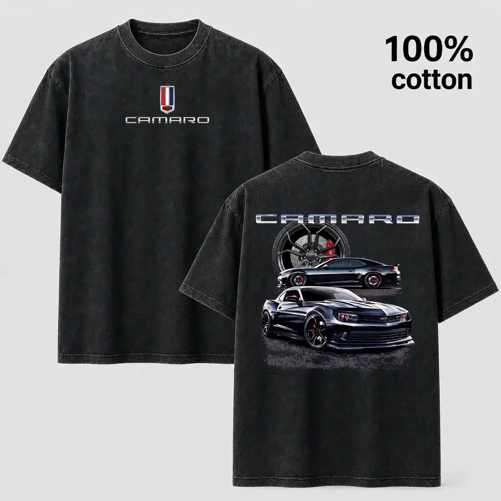 Vintage Washed 100% Cotton Camaro Muscle Car Graphic T-Shirt - Double-Sided Print