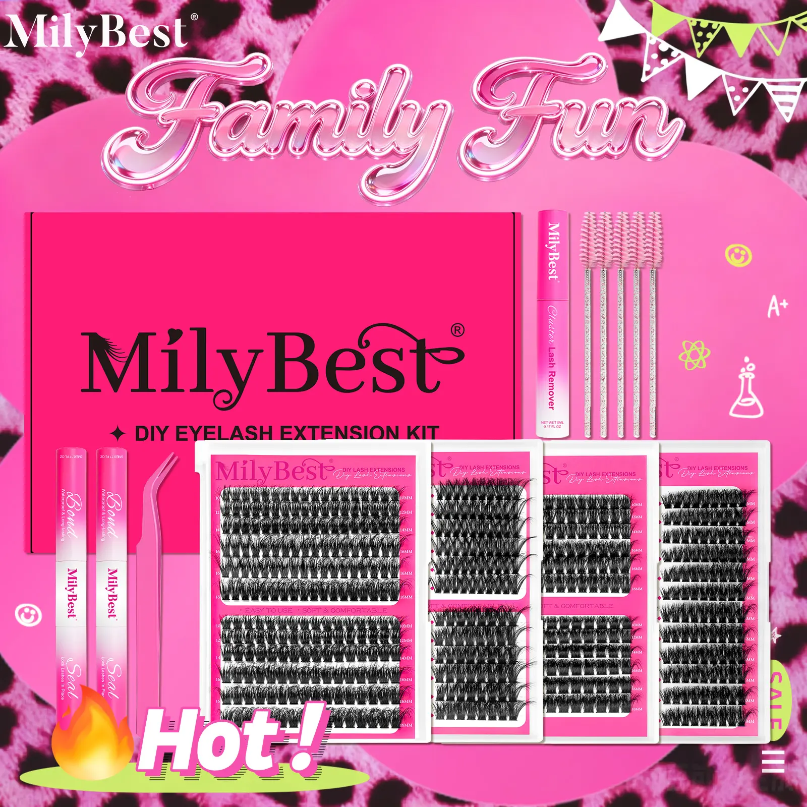 MilyBest 4-Style Lash Cluster Kit (864 Pcs D-Curl Dramatic Cosmetic Volume  Lash Extensions) - Wispy Bulk Individual Picks, 2 Waterproof Black Bond & Seal Glues for DIY Eyelash Extensions, Lash tools included,Salon-Style Beginner Friendly Makeup Products,