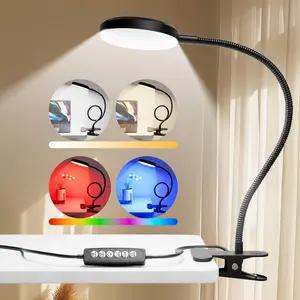 Desk Lamp with Clamp-10W,2-in-1 with RGB Ambient & Warm White Light,Book Reading Light Color Changeable/Flexible Gooseneck LED Lamps Clip on Bed Headboard and Computers 800LM-Black
