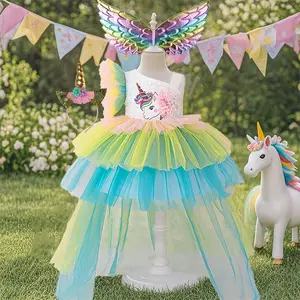 028 Young girl cute unicorn print chiffon dress cute design suitable for lively dressing perfect for birthday parties and daily wear trendy girl clothing