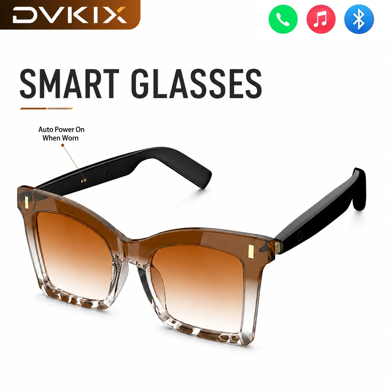 DVKIX smart bluetooth audio glasses, smart sunglasses, automatically turn on when put on, can control taking pictures, answering calls, music playback, suitable for leisure walking, sports and daily life, suitable for men and women as a gift
