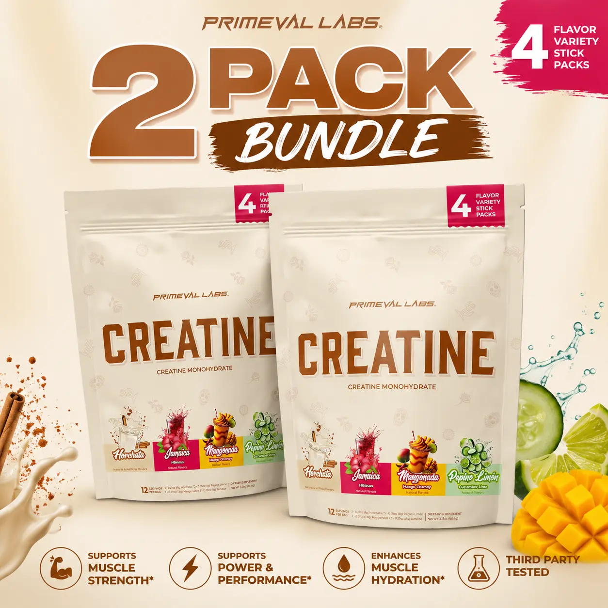 Primeval Labs Creatine Variety Pack 2-Pack Bundle – 24 Sticks, 4 Flavors, Creatine Monohydrate – Horchata, Jamaica, Mangonada & Pepino Limón Primeval Labs Creatine Variety Pack 2-Pack Bundle – 24 Sticks, 4 Flavors, Creatine Monohydrate – Horchata, Jamaica, Mangonada & Pepino Limón
