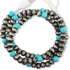 Western Beaded Phone Charger with Turquoise Accents and Silver Beads for Stylish Charging Smartphone Aesthetic Cellphone Cable Electronic