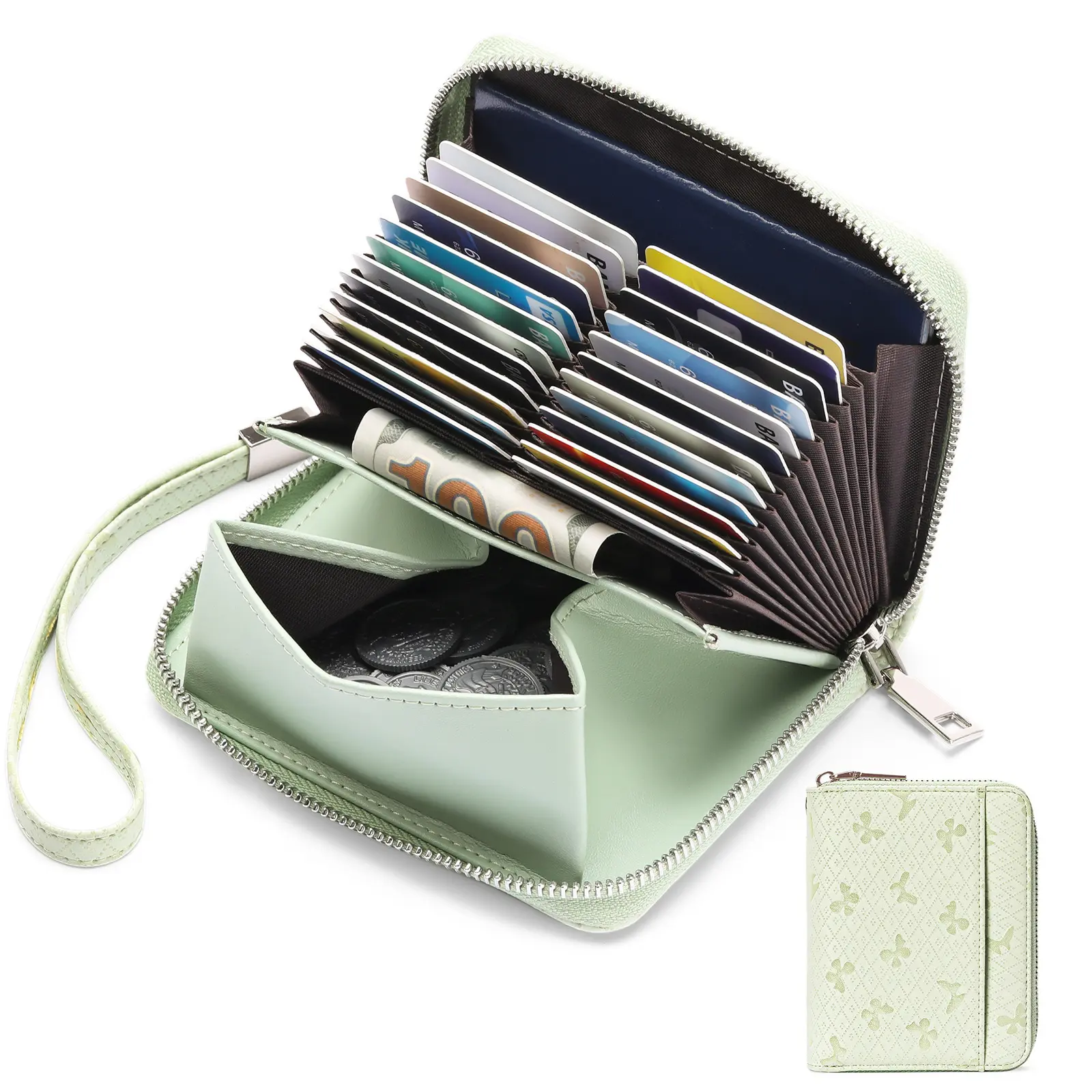 Womens Leather Zipper Credit Card Holder RFID Blocking Small Accordion Wallet with Coin Pouch