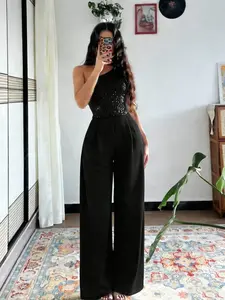 Sexy Black One Shoulder Sequin Jumpsuit For Women Sleeveless High Waist Wide Leg Jumpsuit Glittery Party Clubwear Casual Formal Evening Outfit Wedding Guest Prom Date Night Wear