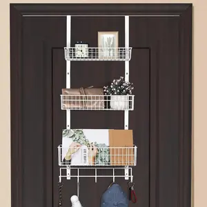Over The Door Basket Organizer with 3 Mesh Baskets and 5 Hooks Heavy Duty Pantry Door Organizer Back of Door Storage Rack for Bathroom, Kitchen, Office, White