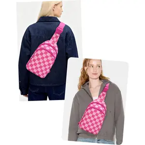 Checkered Sling Bag for Women, Water Resistant Nylon Crossbody Chest Bags with Adjustable Shoulder Strap for Travel Hiking,Rose RedCheckered Sling Bag Small Backpack Lightweight Crossbody Chest Bag Purse casual shopping bag