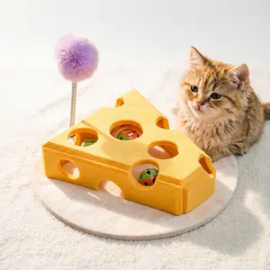 Cheese Maze Cat Toy, Interactive Felt Puzzle Box with Jingle Balls & Teaser Wand for Boredom Relief