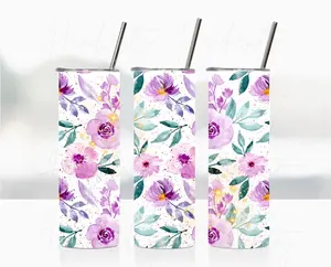 Purple watercolor flowers customizable insulated tumbler - Laser engraved name option