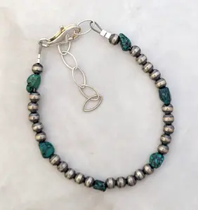4mm Desert Pearls & Turquoise Nugget Bracelet Sterling Silver