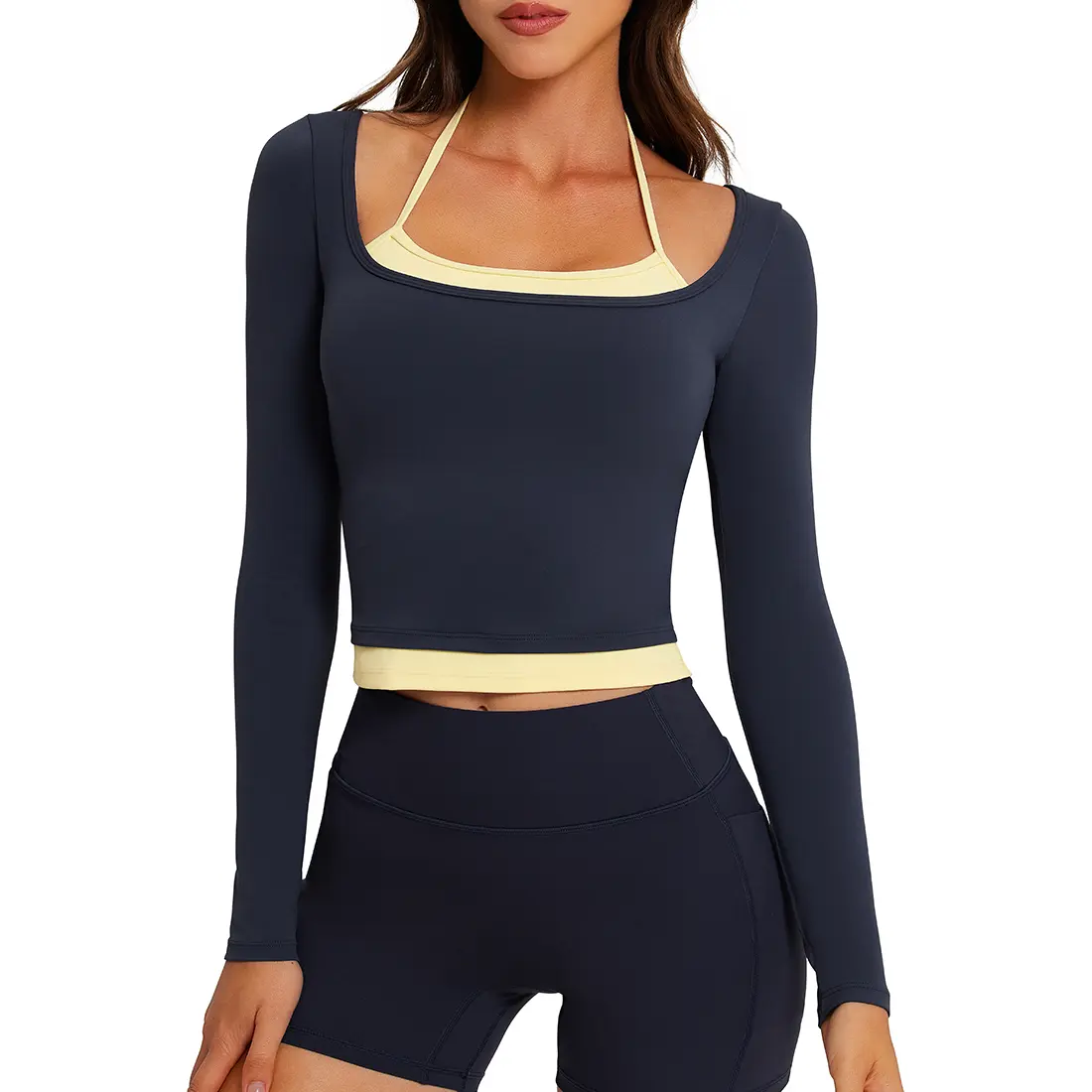 OMKAGI Women's Layered Workout Tops Halter Long Sleeve Longline Sports Bra | Built in Bra Tank Tops, Soft Elastane, Full Length, Long Sleeve, Cute Double Layer Workout Tops, High Impact, Yoga Sports Bra