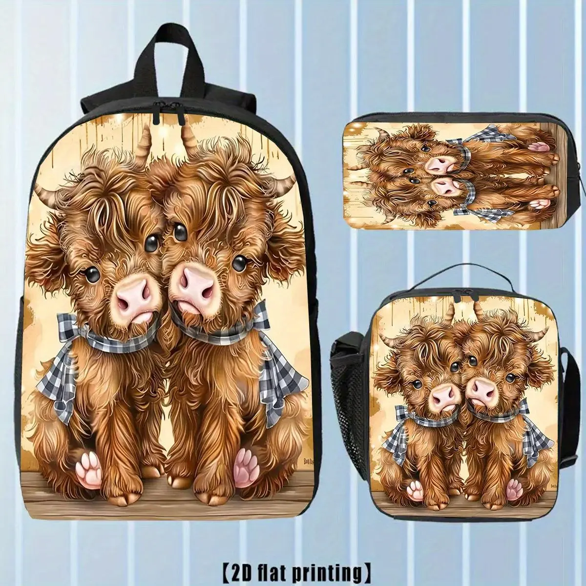 Student 3-Piece Highland Cow Pattern Backpack Set - Hangable, High-Capacity, Lightweight Hiking Backpacks with Lunch Bag, Pencil Case, Comfortable for Camping