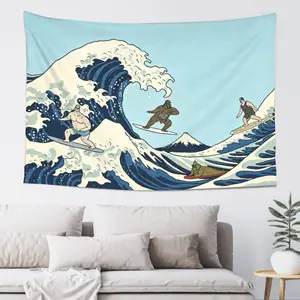 Funny Bigfoot Surfing The Great Wave Wall Flag Tapestry, 3*5 FT with Hooks Included, Japanese Parody Art Wall Decor for Living Room Bedroom Office Bar