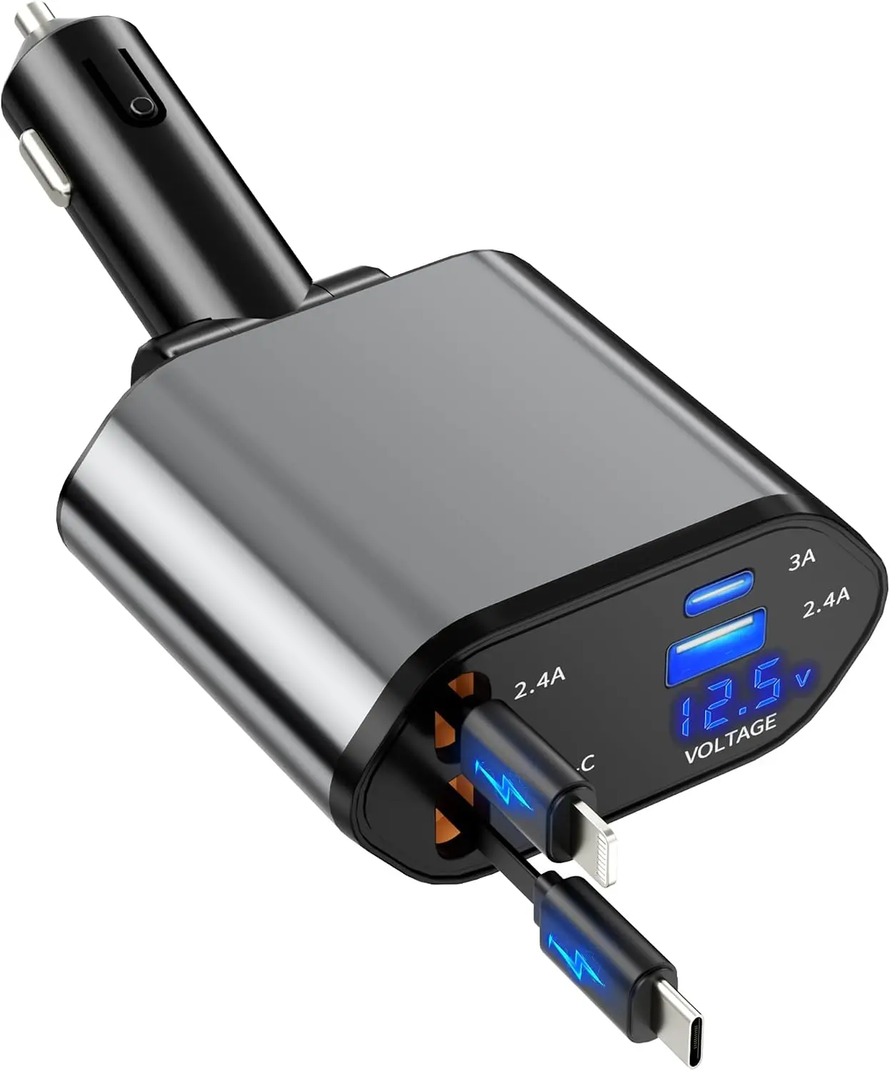 Retractable Car Charger, 4 in 1 Fast Charging Car Charger | USB-C & USB-A Compatible with iPhone 17/16/15/14/13/12/11/X,Galaxy,Pixel