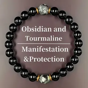 1pc / 2pcs / 3pcs Black Lucky Obsidian Bracelet, Handmade Adjustable Elastic Rope