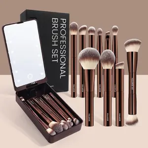 Professional Soft Makeup Brush Set with LED Light Storage Box, 10pcs/set Aluminum Cosmetic Brush with Comfortable Grip, Makeup Accessories for Women & Girls, Makeup Brush Holder, Valentines Day Gift