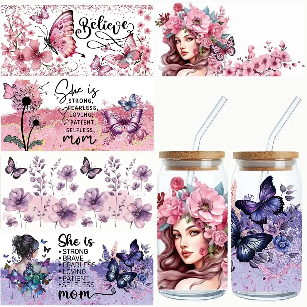 UV DTF Glass Stickers - 5-Pack Butterfly & Flower Themed, Waterproof DIY Scrapbooking Stickers for 16oz Libbey Glass Mugs, Creative Hobby Supplies