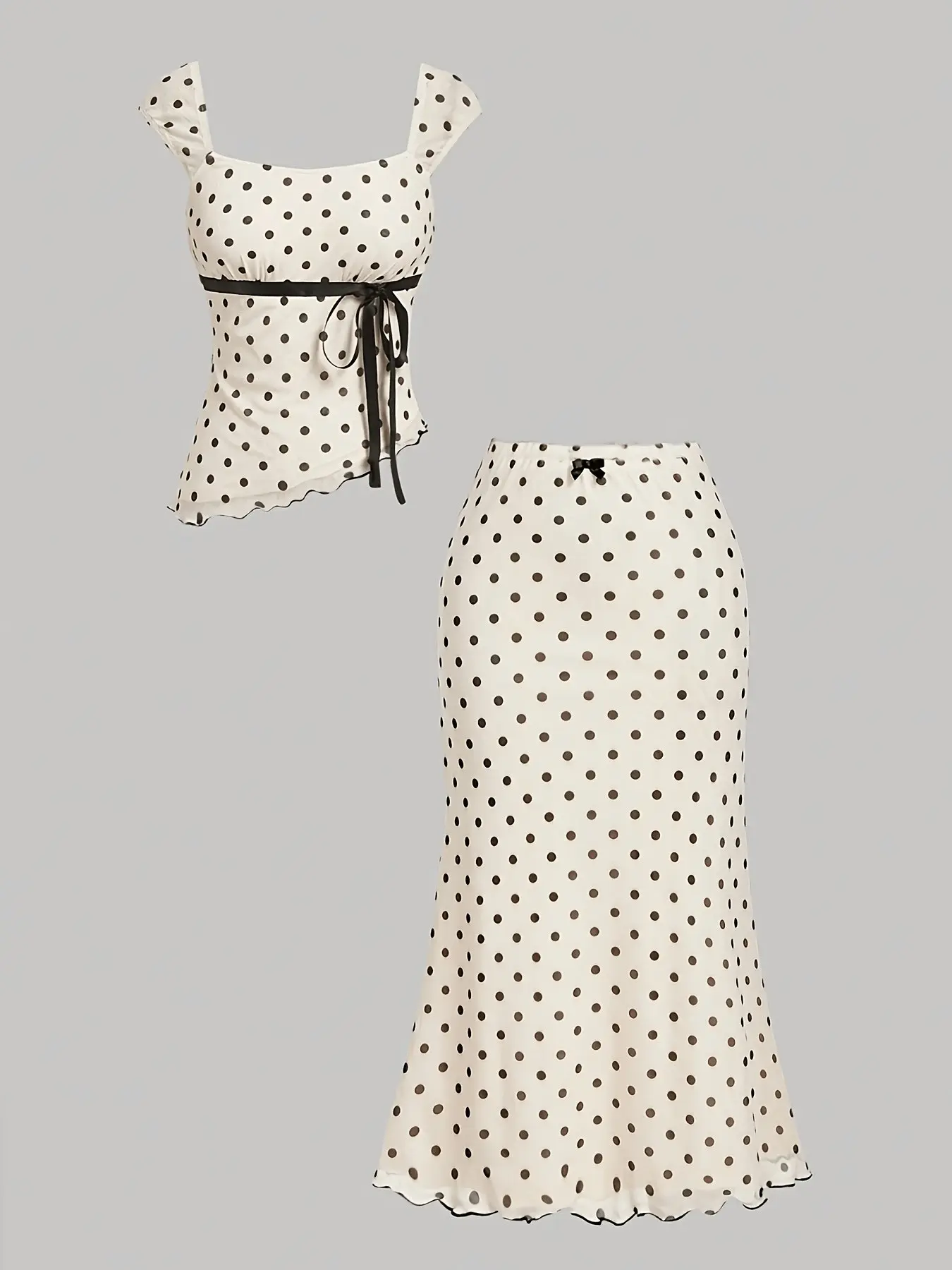 Vintage Polka Dot Two-Piece Set, Summer Womenswear, Asymmetrical Top and Low Waist Fish Tail Skirt, Chic Boho Style, Suitable for Wedding Guest