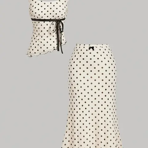 Vintage Polka Dot Two-Piece Set, Summer Womenswear, Asymmetrical Top and Low Waist Fish Tail Skirt, Chic Boho Style, Suitable for Wedding Guest