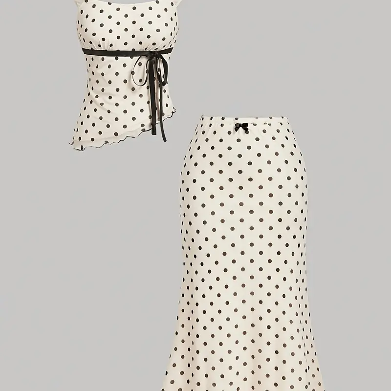 Vintage Polka Dot Two-Piece Set, Summer Womenswear, Asymmetrical Top and Low Waist Fish Tail Skirt, Chic Boho Style, Suitable for Wedding Guest