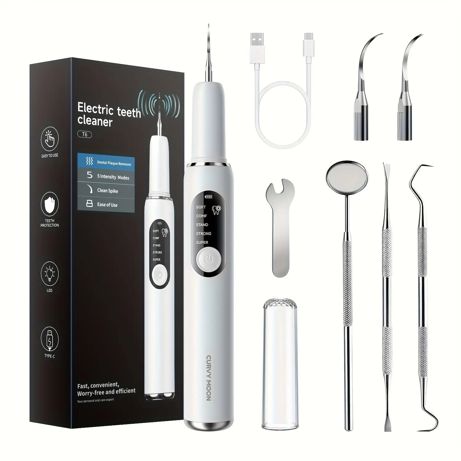 Electric Teeth Cleaner with LED Light, 5 Cleaning Modes & 3 Attachments (Plaque Remover, Interdental Cleaner, Gum Massager) - USB- Dental Care Device Suitable for Plaque Removal, Gum Health, Interdental Cleaning - Ideal Gift for s
