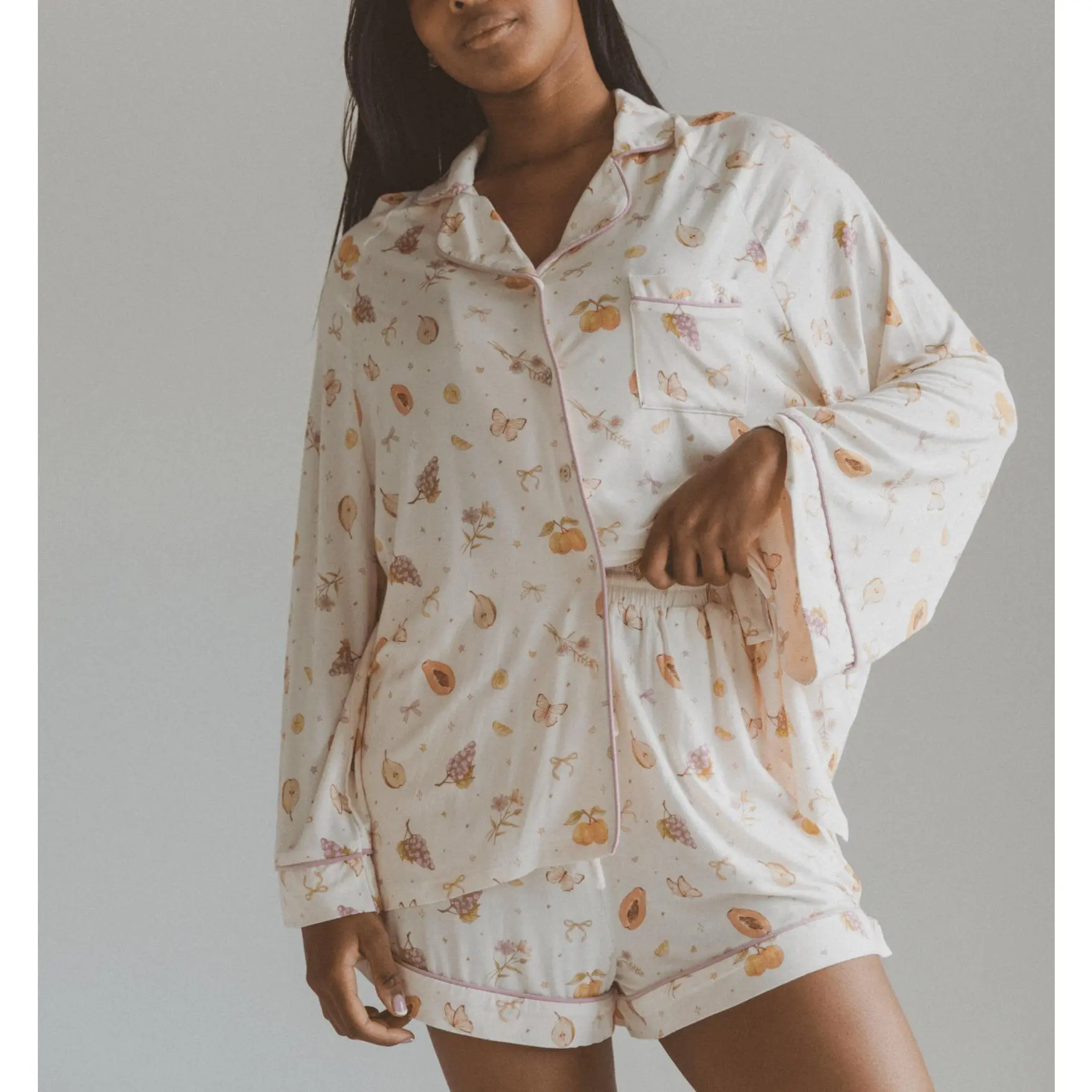 Fruit Print Pajama Sets for Women Fashionable Loose Lapel V Neck Long Sleeve Tops with Shorts 2Pcs Soft Sleepwear