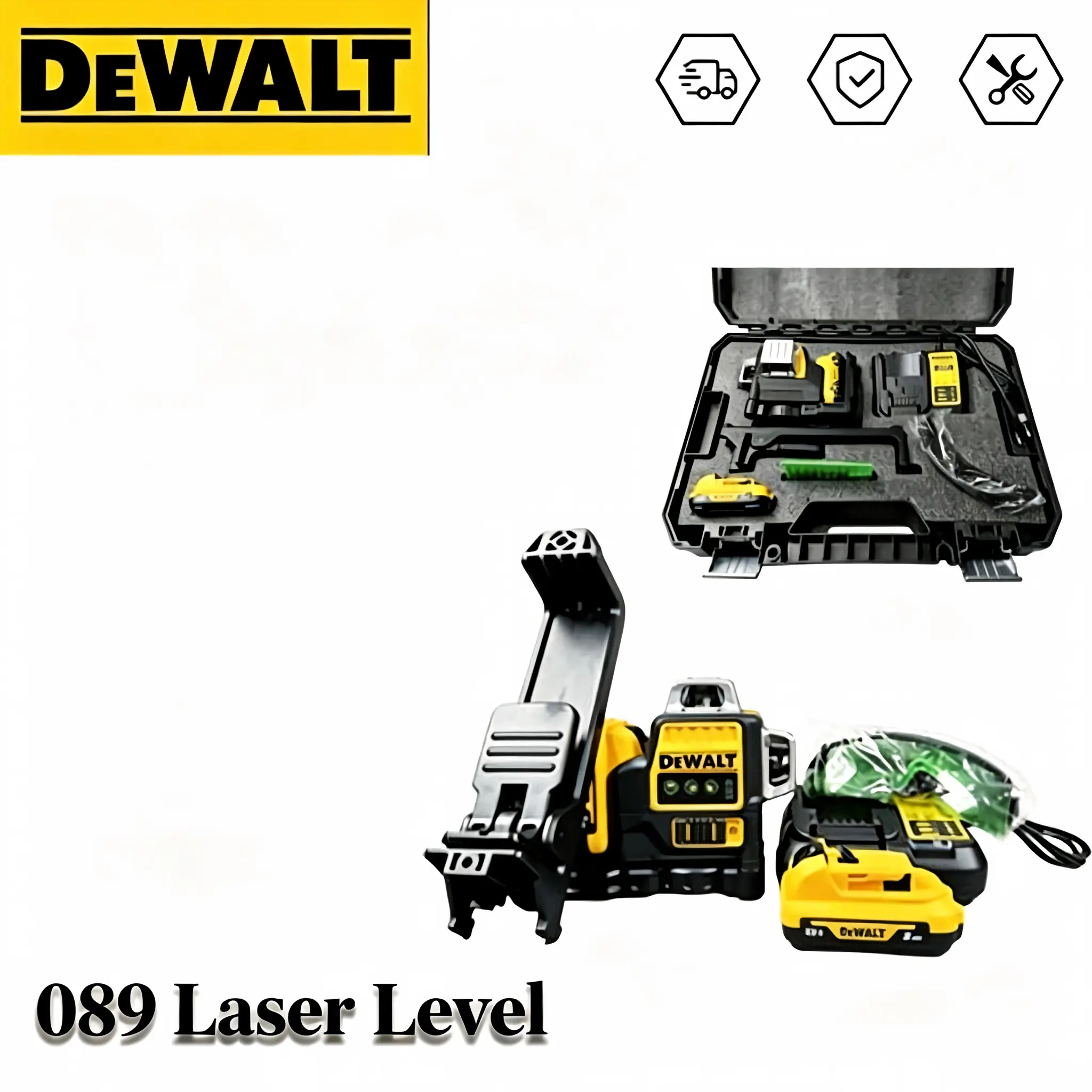 DeWalt 089 Laser Level  with Green Beam, Tripod Mount, and Protective Eyewear for Interior Construction & Alignment - Self-Leveling Tool with 3 Projecting Modes. hard storage case charger kit