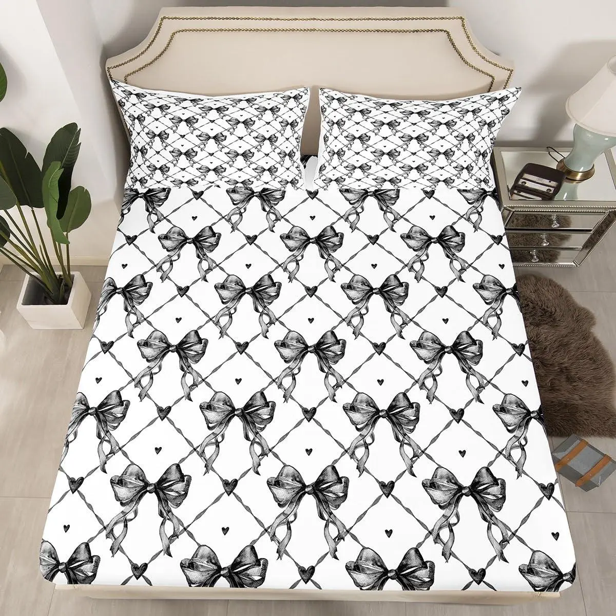Bow Fitted Sheet Bow Bed Sheet Set Decor Cute Bowknot Bedding Set Kawaii Black Bed Cover Bedroom