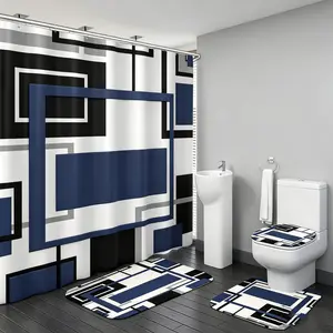 4 Pcs Blue Geometric Shower Curtain Sets with Rugs Blue Bathroom Sets with Shower Curtain and Rugs Modern Bathroom Curtains Shower Set with Toilet Lid Cover for Bathroom Decor Accessories Shower Curtain And Liner Set