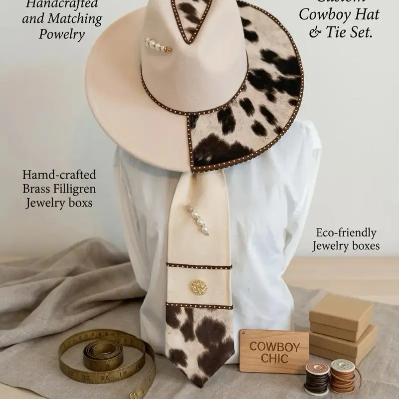 Western Glam Fedora & Matching Tie Set | Cowhide Brim Hat