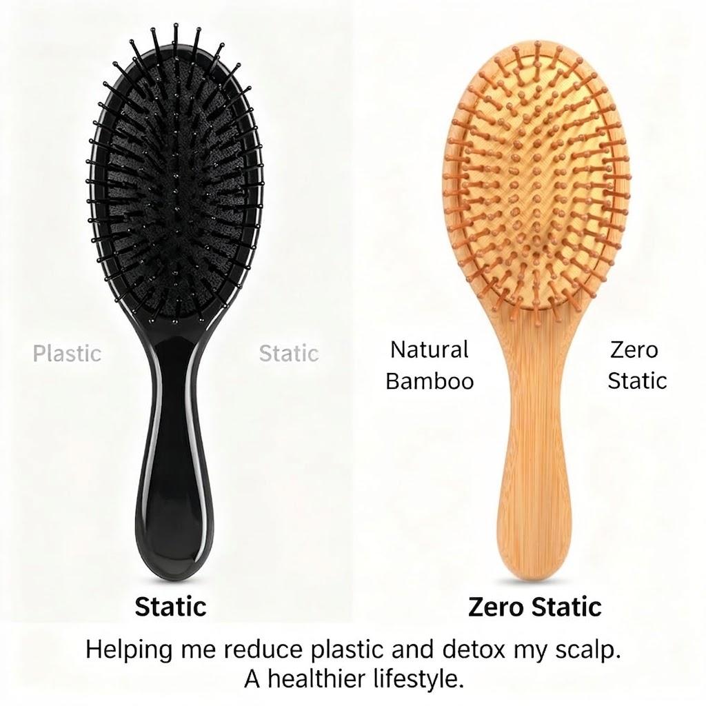 1 Piece Bamboo Hair Brush for Hair Growth, Detangler Hairbrush with Natural Bamboo Bristles, Wooden Paddle Brush for Scalp Massage, All Hair Types, for Women, Men, and Kids