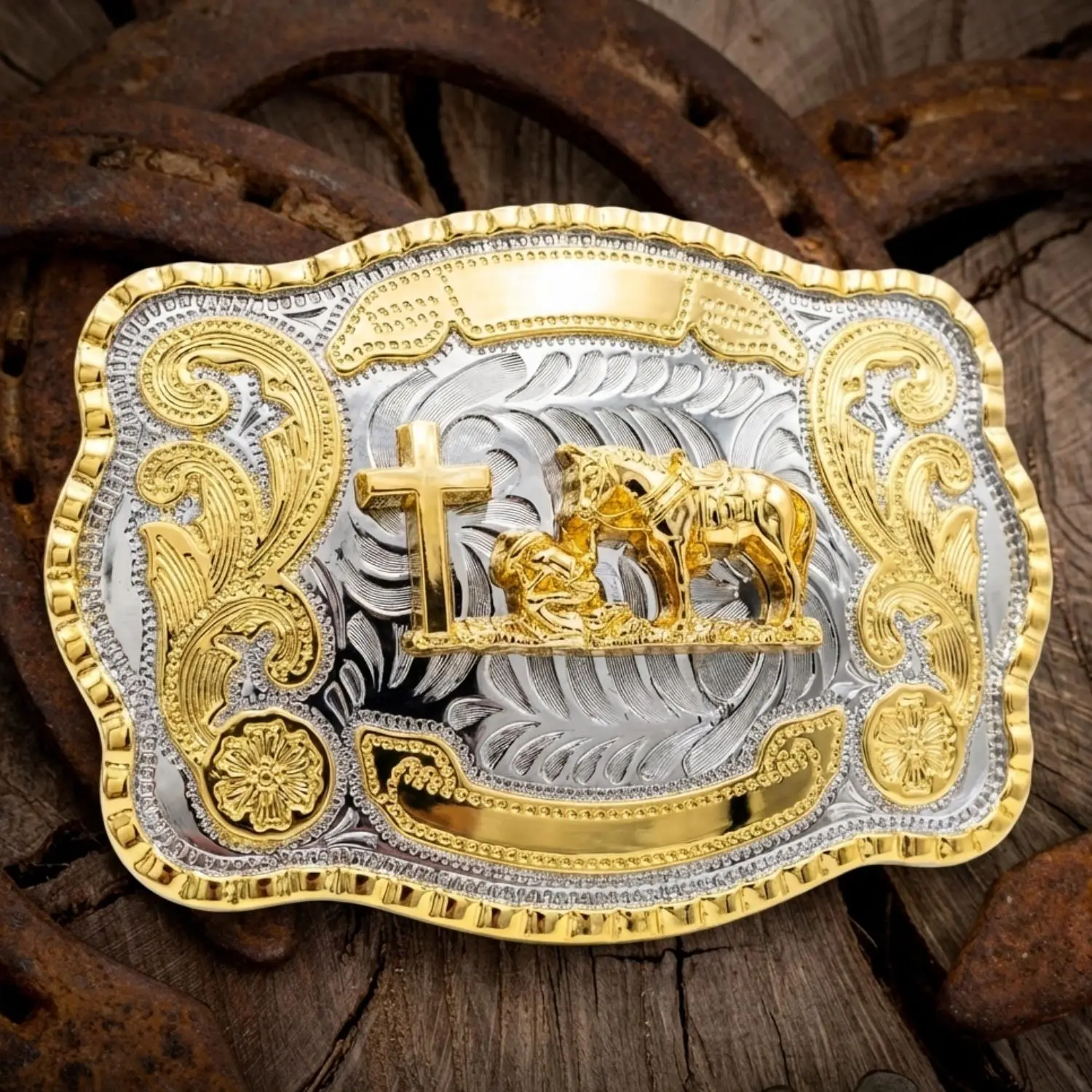 Gold-Tone Praying Cowboy Western Belt Buckle 5.5" x 4" - Hebilla Vaquera Christian Cross - Vintage Gold Silver Rodeo Gift for Men