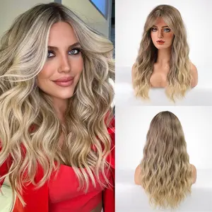 Wavy Wig with Curtain Bangs for Women Synthetic Wigs with Natural Heat Resistant Hair for Daily Party Use