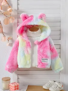 Baby girl casual jacket, dreamy tie dye plush jacket for baby girls in winter season, pink blue yellow gradient, hooded zipper design, soft and comfortable design, soft and cute, warm and fashionable, versatile top for daily wear, Easter gift