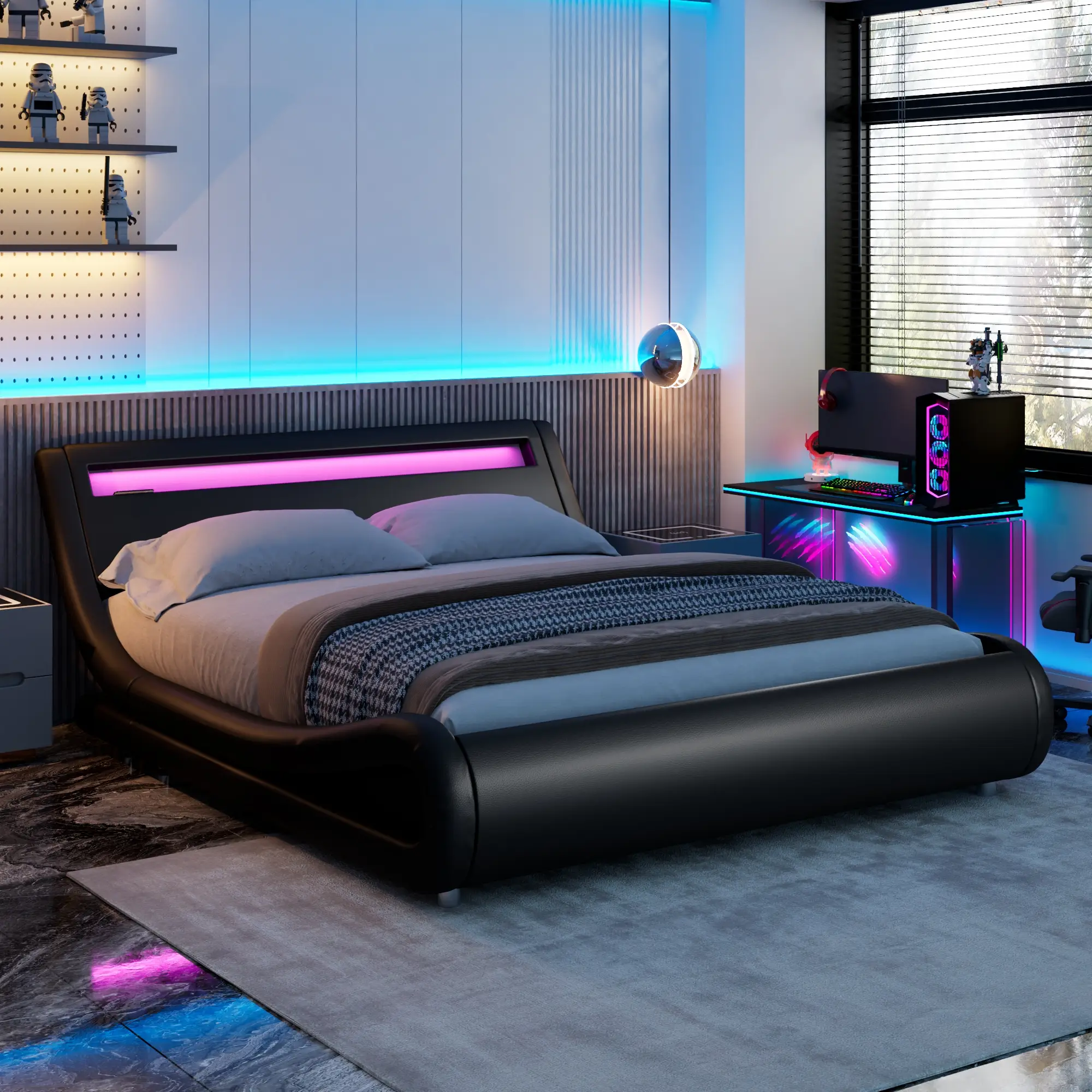 MUTICOR LED Lights Bed Frame with Faux Leather【Frame Only No Mattress】Sleigh Upholstered Low Platform Bed Frame Solid Wood Slats,No Box Spring Needed,