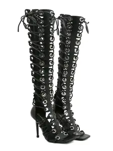 Fashion Women Gladiator Sandals Stiletto High Heel Summer Boots Lace Up Cross-tied Sexy Sandals Mesh Over Knee Party Shoes
