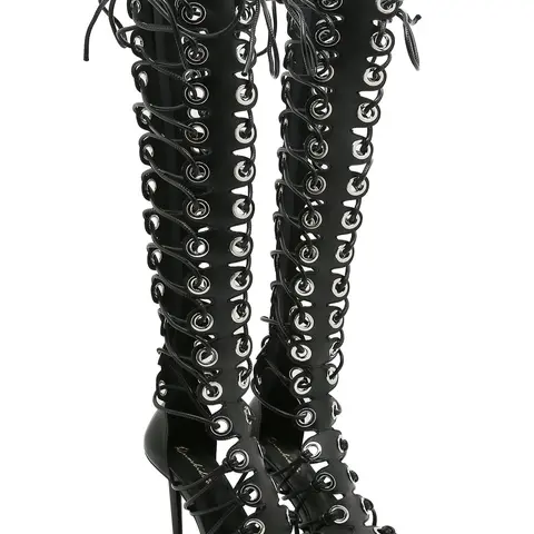 Women's Faux Leather Over-Knee Gladiator Sandals - Stiletto Heels Footwear, Geometric Design, Lace-Up Cross-Tied Breathable Mesh, Rubber Sole, Unlined Interior, Above the Ankle but Below the Knee Heels for Women, All Seasons Party Shoes