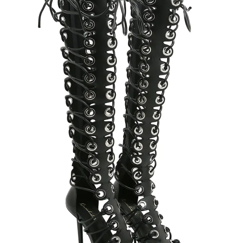 Women's Faux Leather Over-Knee Gladiator Sandals - Stiletto Heels Footwear, Geometric Design, Lace-Up Cross-Tied Breathable Mesh, Rubber Sole, Unlined Interior, Above the Ankle but Below the Knee Heels for Women, All Seasons Party Shoes