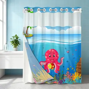 1PC double-layer large ring shower curtain, underwater octopus holding fish swimming, shower curtain, high-end quick drying hanging curtain, bathroom, curtain, waterproof, mildew proof curtain