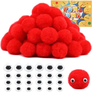 1 Inch Pom Poms, Red Pom Poms for Arts and Craft, Soft and Fluffy Pom Pom Balls with Self-Adhesive Eyes, Pompoms for DIY Wedding Valentine's Day Party Decorations