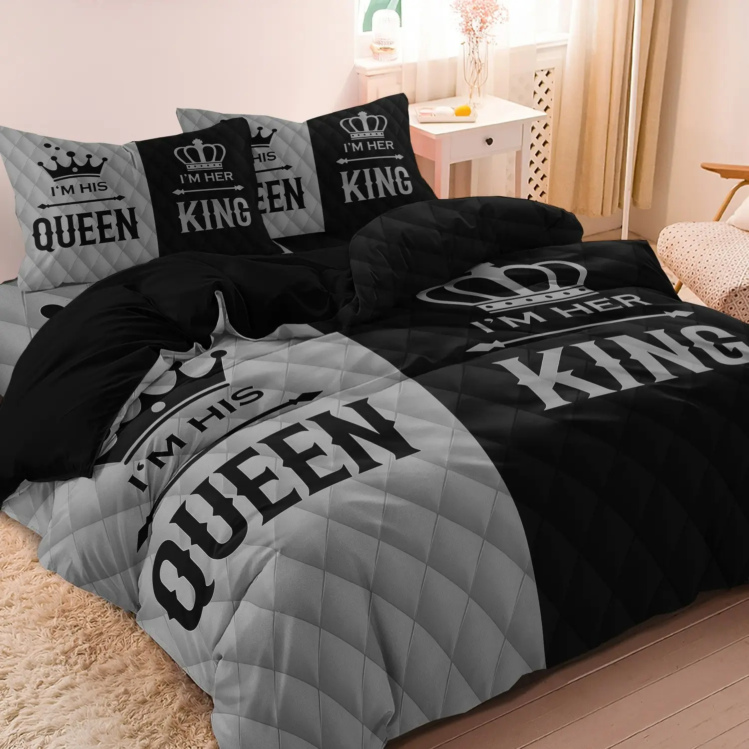 3 Counts/set Crown Couple Pattern Digital Print Bedding Duvet Cover Set (Including 1 Duvet Cover & 2 Pillowcases, No Comforter, No Pillow), Bedding Set for Family, Hotel, Dormitory Use, Decorative Bedding Set