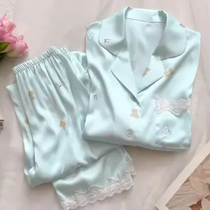 Women’s Korean cartoon little bear sweet 2-piece pajama set, kawaii cute simple Y2K lace sleepwear, new autumn short-sleeve top + pants loungewear womenswear