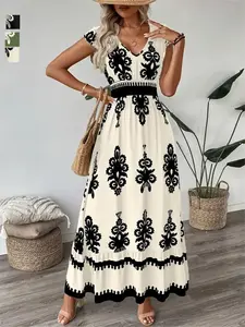 Women's Summer Vacation Style Beach Dress, V-Neck Shirred Design, Loose-Fitting Long Dress, Short Sleeve, Fashionable Commuter Wear